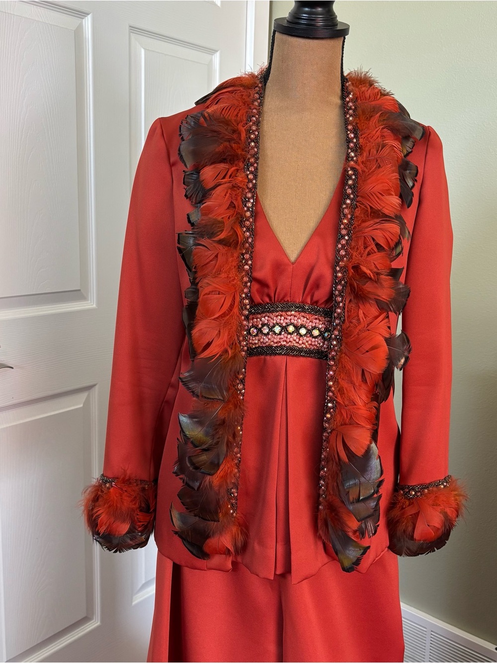 Jack Bryan Designed by Dupuis Embellished Satin‑Like Pant + Top Set Rust Red
